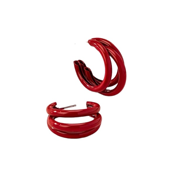 Geometric C Shaped Red Hoop Earrings - Picture 3 of 4